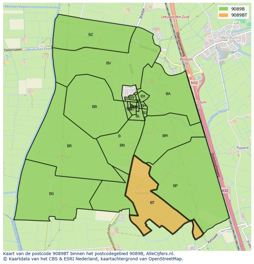 Afbeelding van het postcodegebied 9089 BT op de kaart.