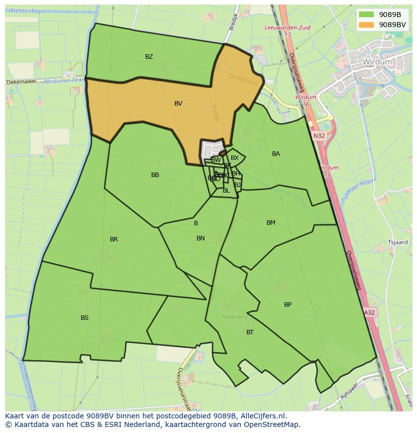 Afbeelding van het postcodegebied 9089 BV op de kaart.