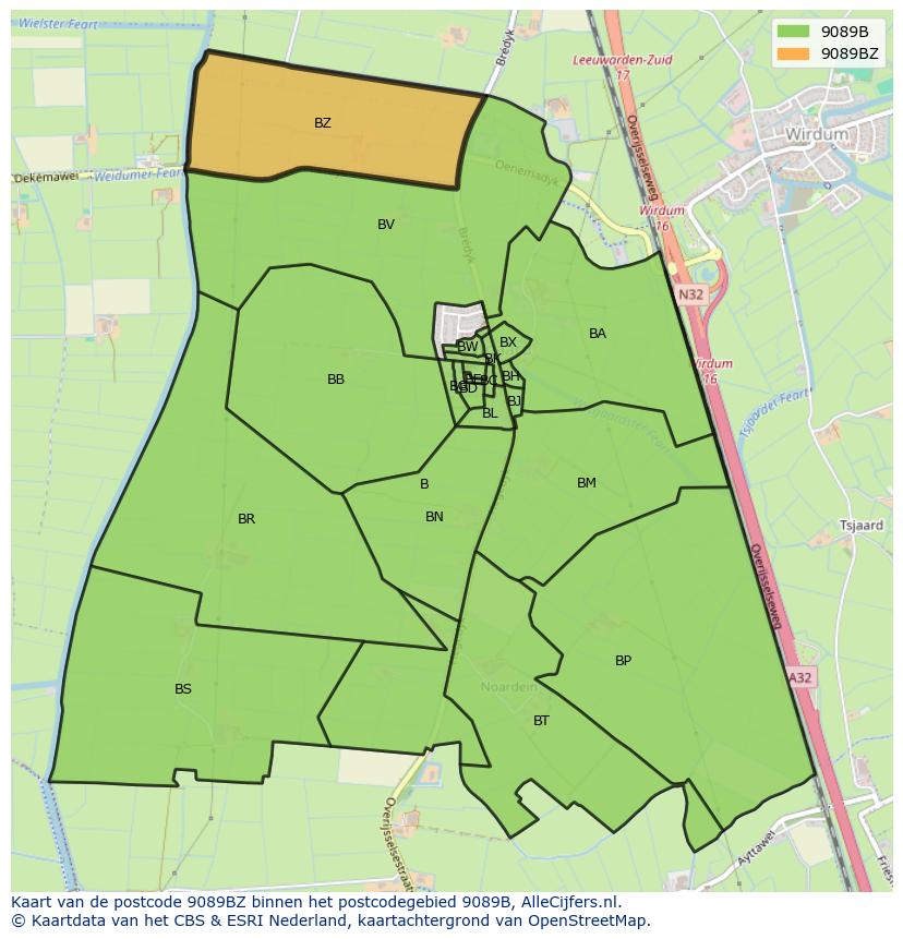 Afbeelding van het postcodegebied 9089 BZ op de kaart.