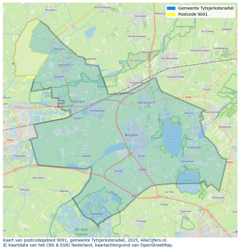 Afbeelding van het postcodegebied 9091 op de kaart.