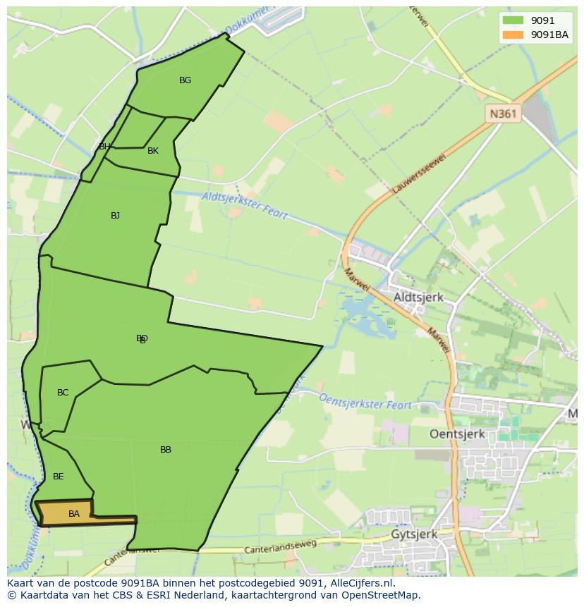 Afbeelding van het postcodegebied 9091 BA op de kaart.