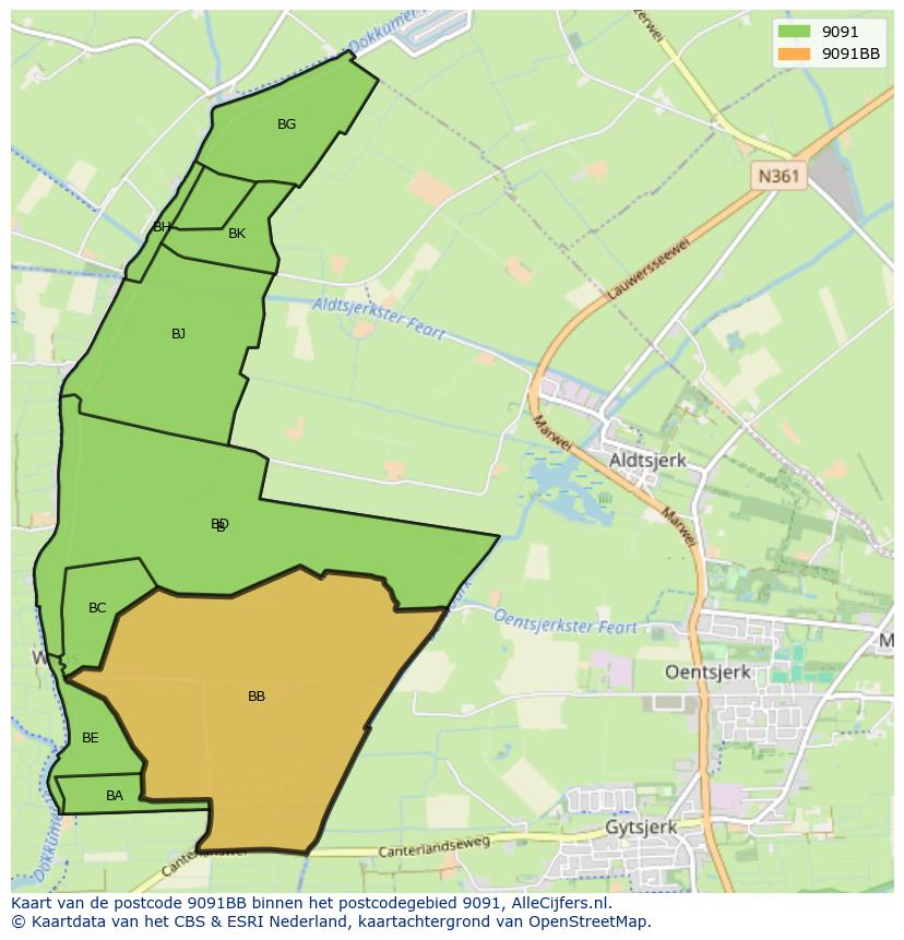 Afbeelding van het postcodegebied 9091 BB op de kaart.