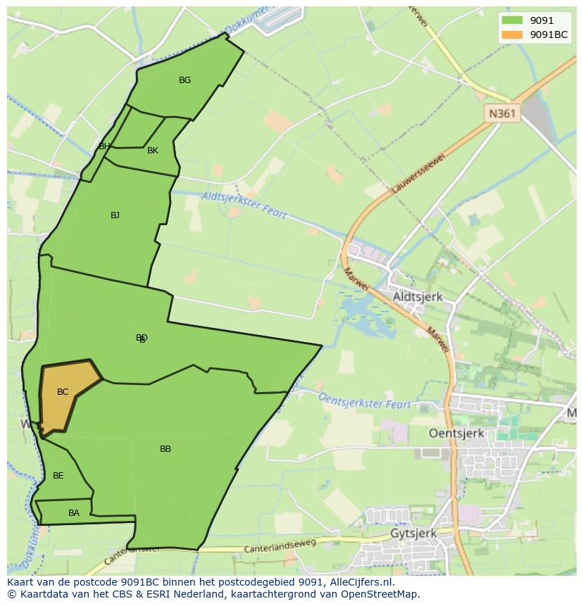 Afbeelding van het postcodegebied 9091 BC op de kaart.
