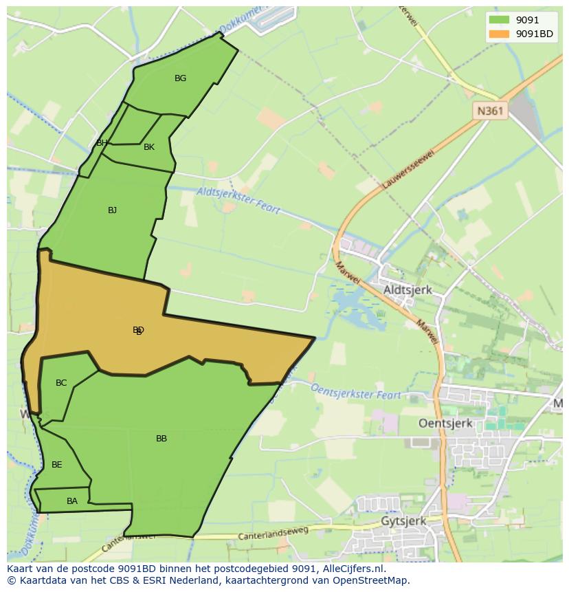 Afbeelding van het postcodegebied 9091 BD op de kaart.
