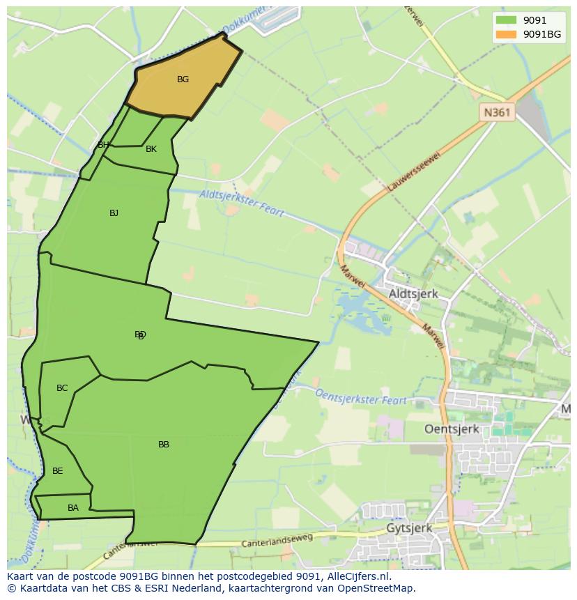 Afbeelding van het postcodegebied 9091 BG op de kaart.
