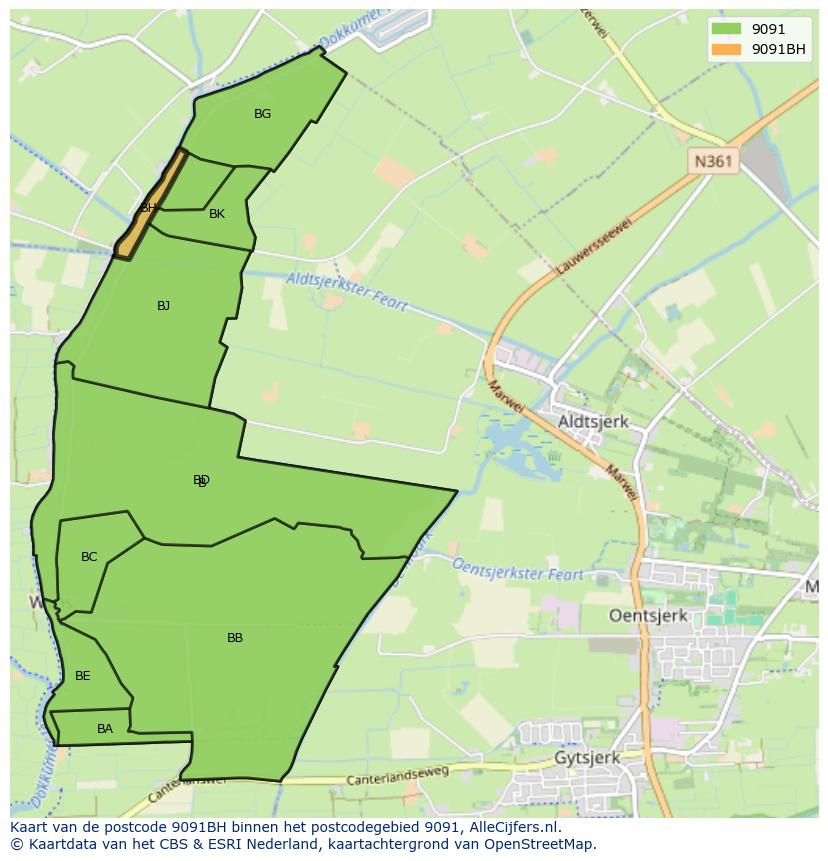 Afbeelding van het postcodegebied 9091 BH op de kaart.