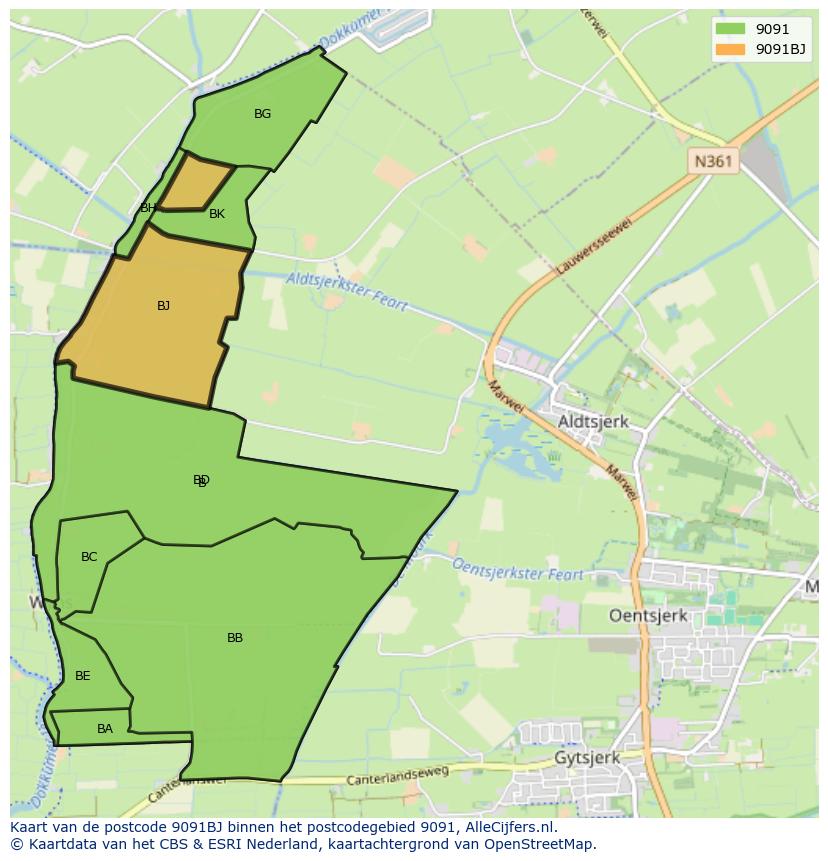 Afbeelding van het postcodegebied 9091 BJ op de kaart.
