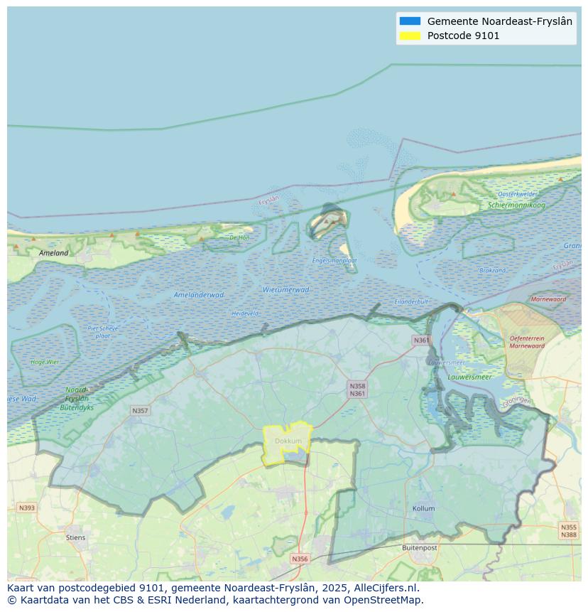 Afbeelding van het postcodegebied 9101 op de kaart.