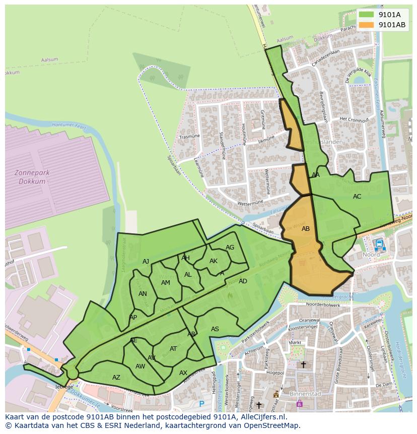 Afbeelding van het postcodegebied 9101 AB op de kaart.