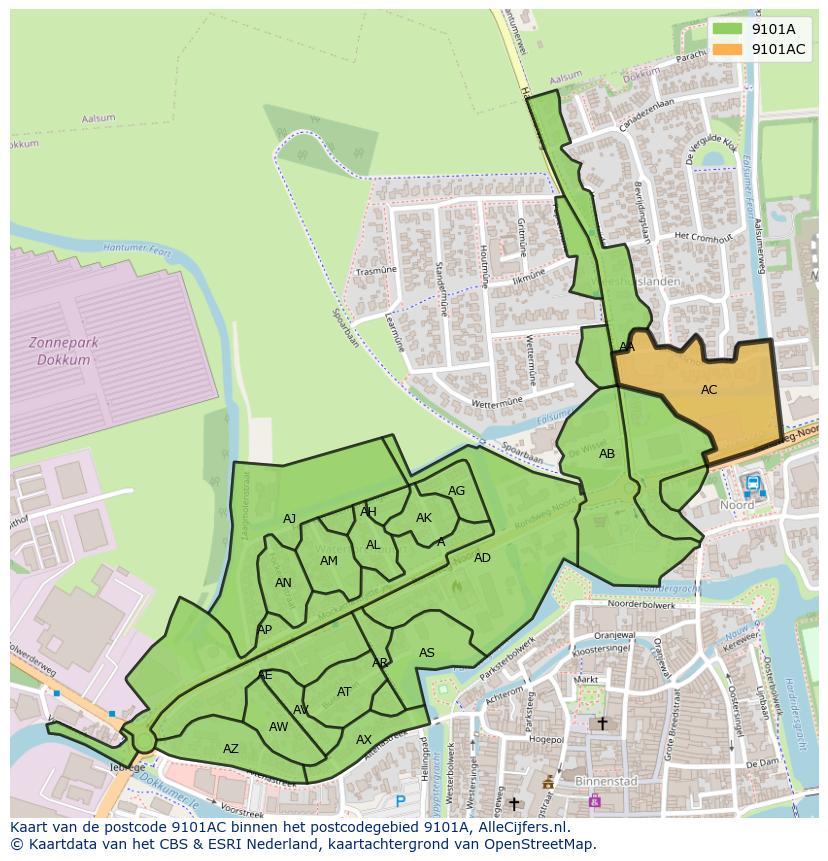 Afbeelding van het postcodegebied 9101 AC op de kaart.