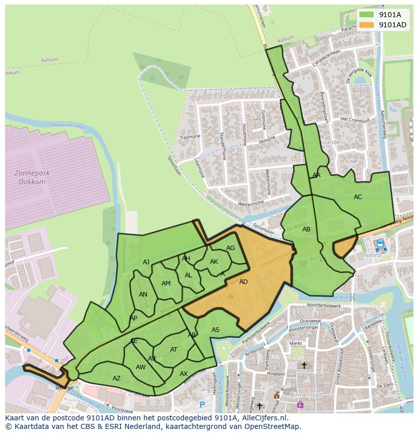 Afbeelding van het postcodegebied 9101 AD op de kaart.