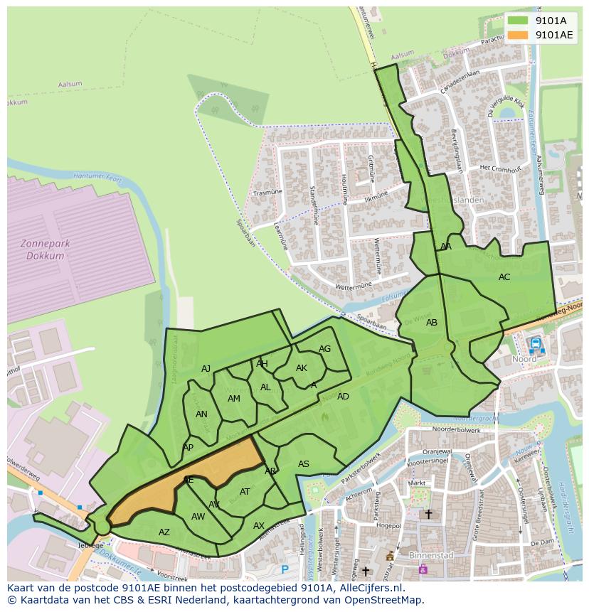Afbeelding van het postcodegebied 9101 AE op de kaart.