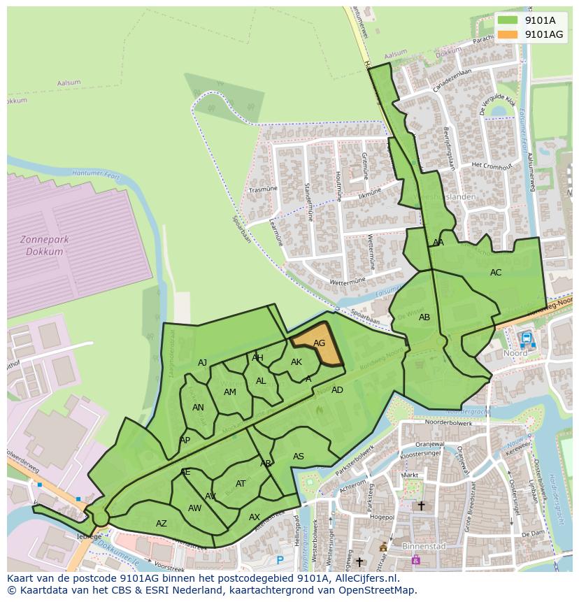 Afbeelding van het postcodegebied 9101 AG op de kaart.