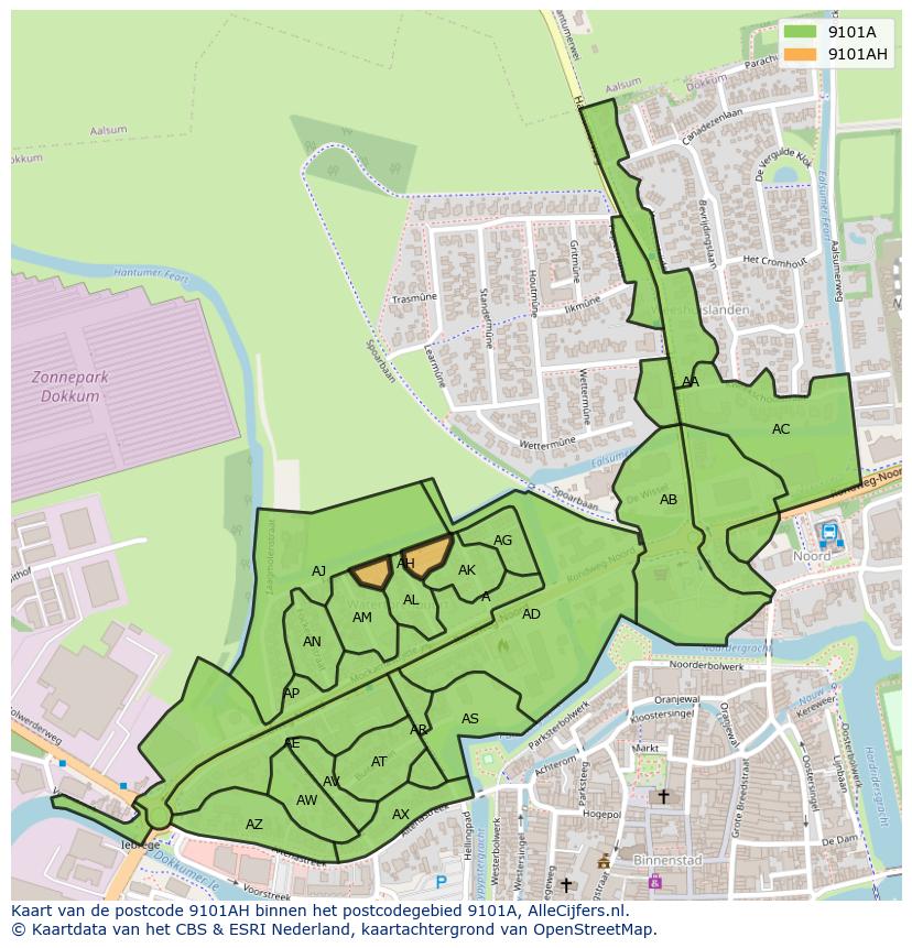 Afbeelding van het postcodegebied 9101 AH op de kaart.