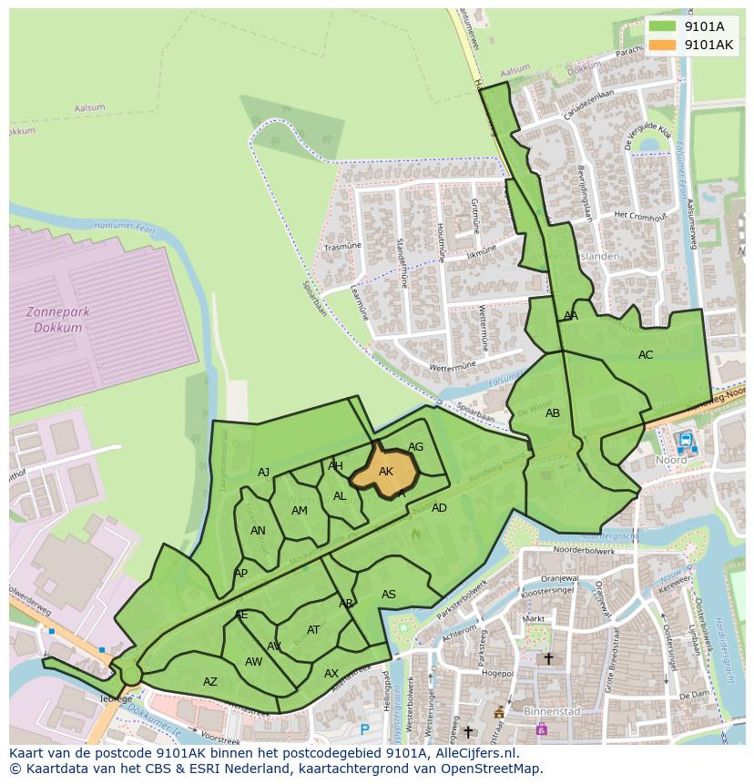 Afbeelding van het postcodegebied 9101 AK op de kaart.