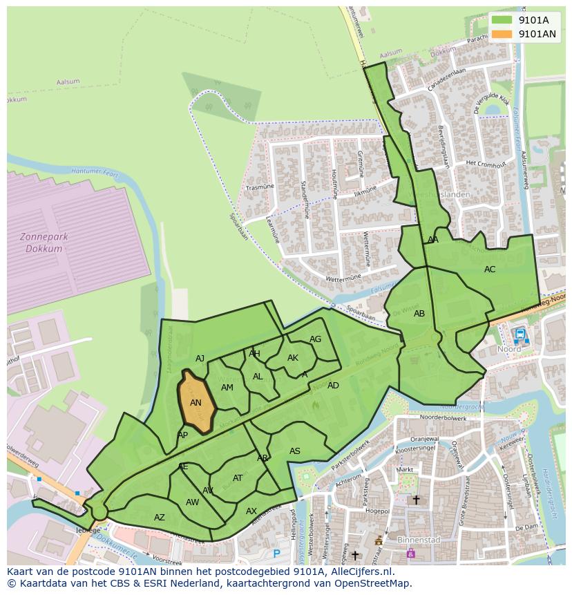 Afbeelding van het postcodegebied 9101 AN op de kaart.