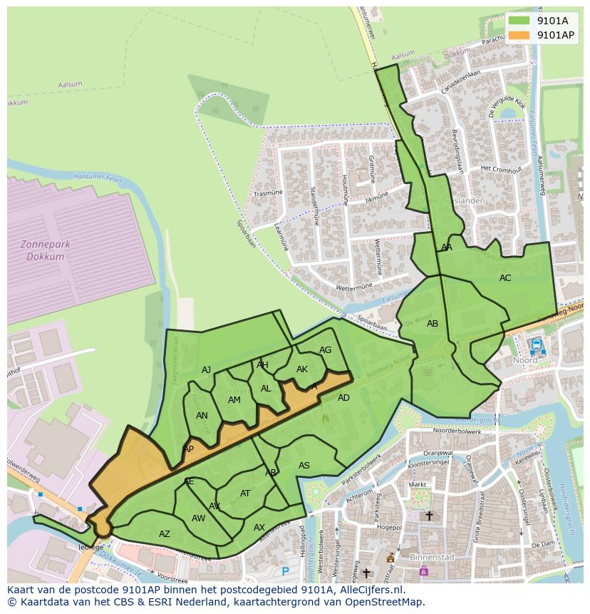 Afbeelding van het postcodegebied 9101 AP op de kaart.