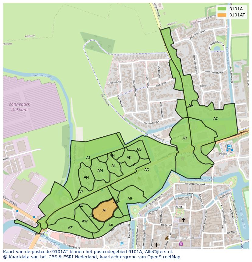 Afbeelding van het postcodegebied 9101 AT op de kaart.