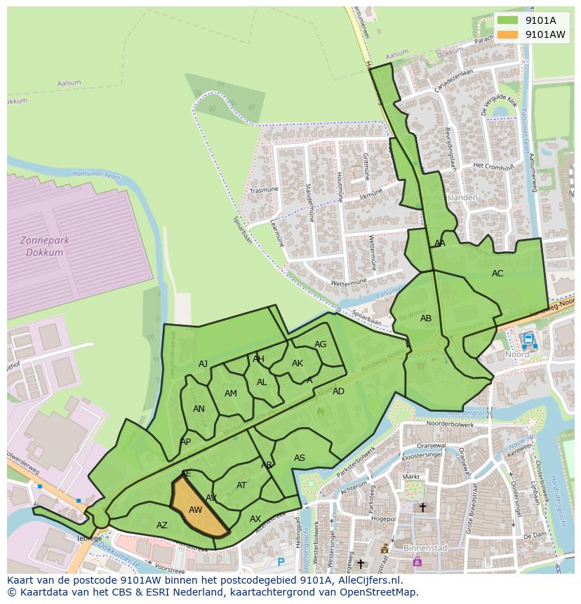 Afbeelding van het postcodegebied 9101 AW op de kaart.