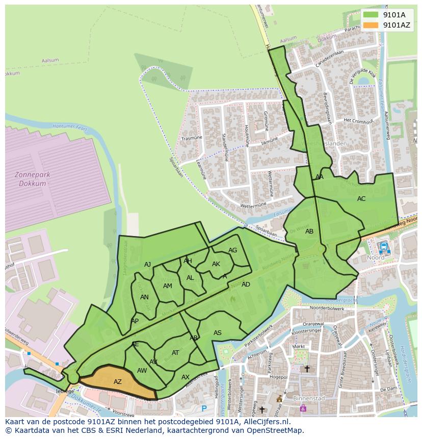 Afbeelding van het postcodegebied 9101 AZ op de kaart.