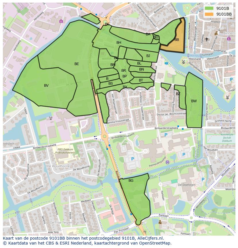 Afbeelding van het postcodegebied 9101 BB op de kaart.