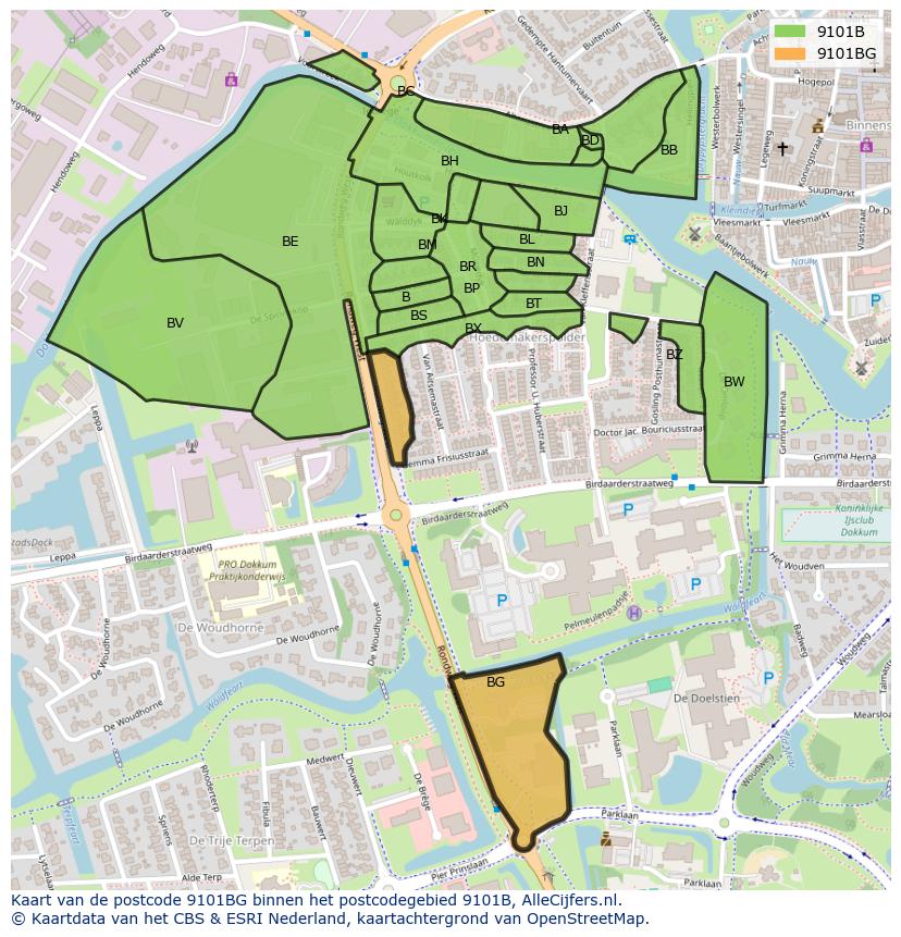 Afbeelding van het postcodegebied 9101 BG op de kaart.