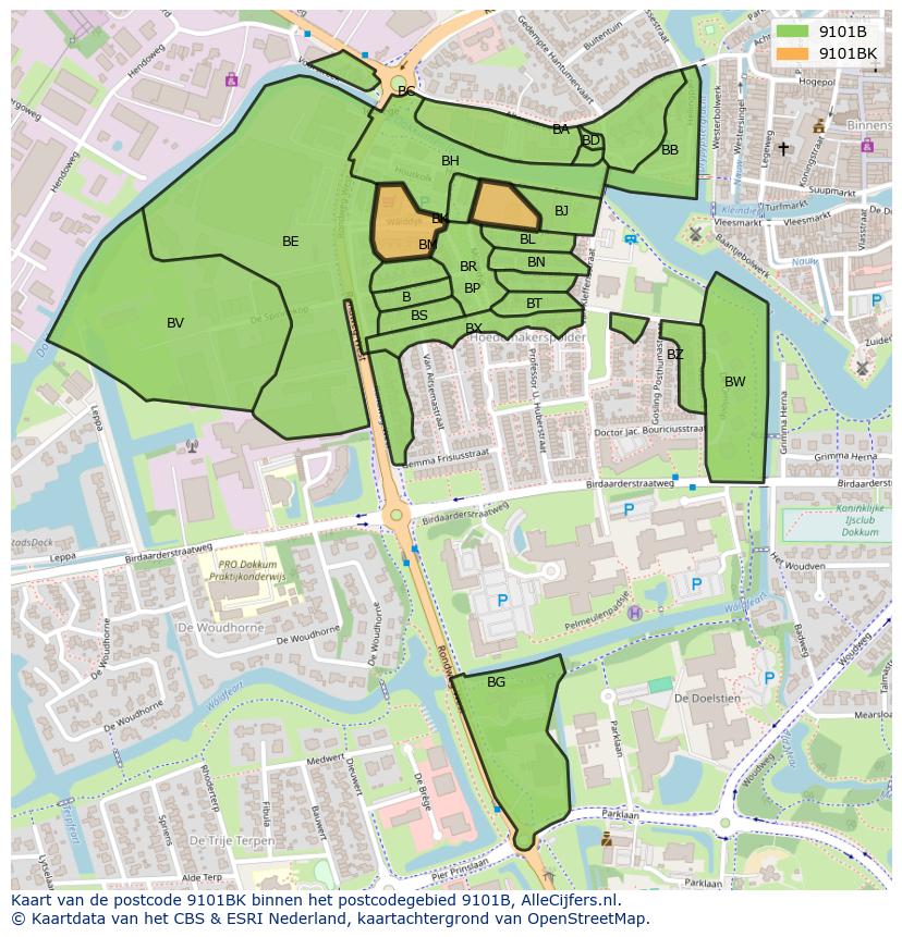 Afbeelding van het postcodegebied 9101 BK op de kaart.