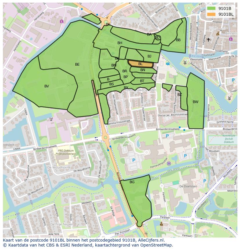 Afbeelding van het postcodegebied 9101 BL op de kaart.