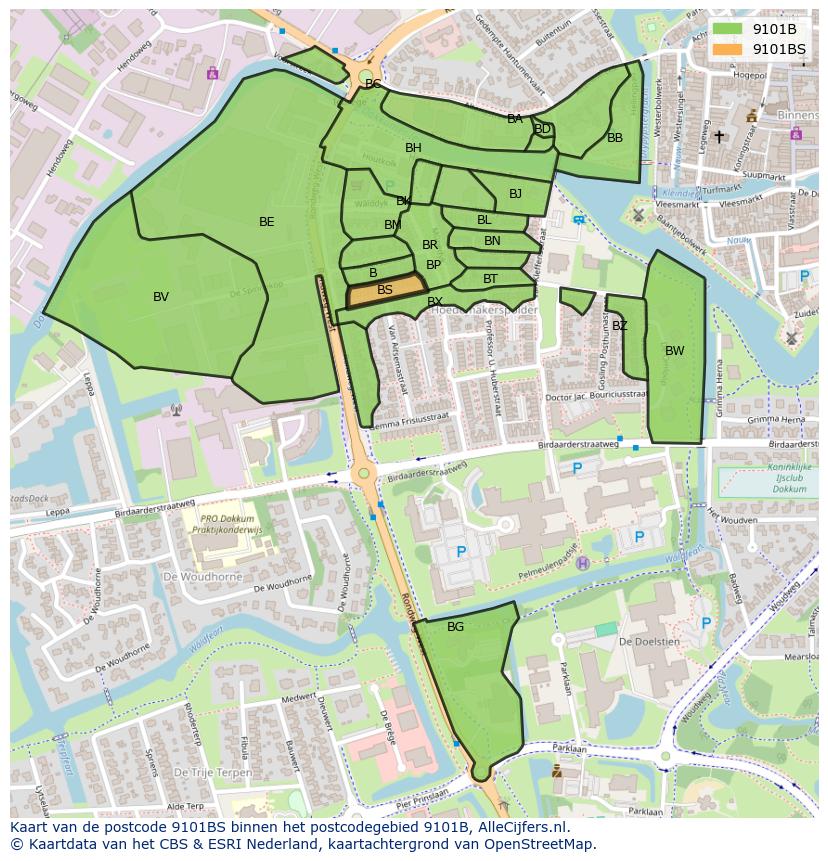 Afbeelding van het postcodegebied 9101 BS op de kaart.