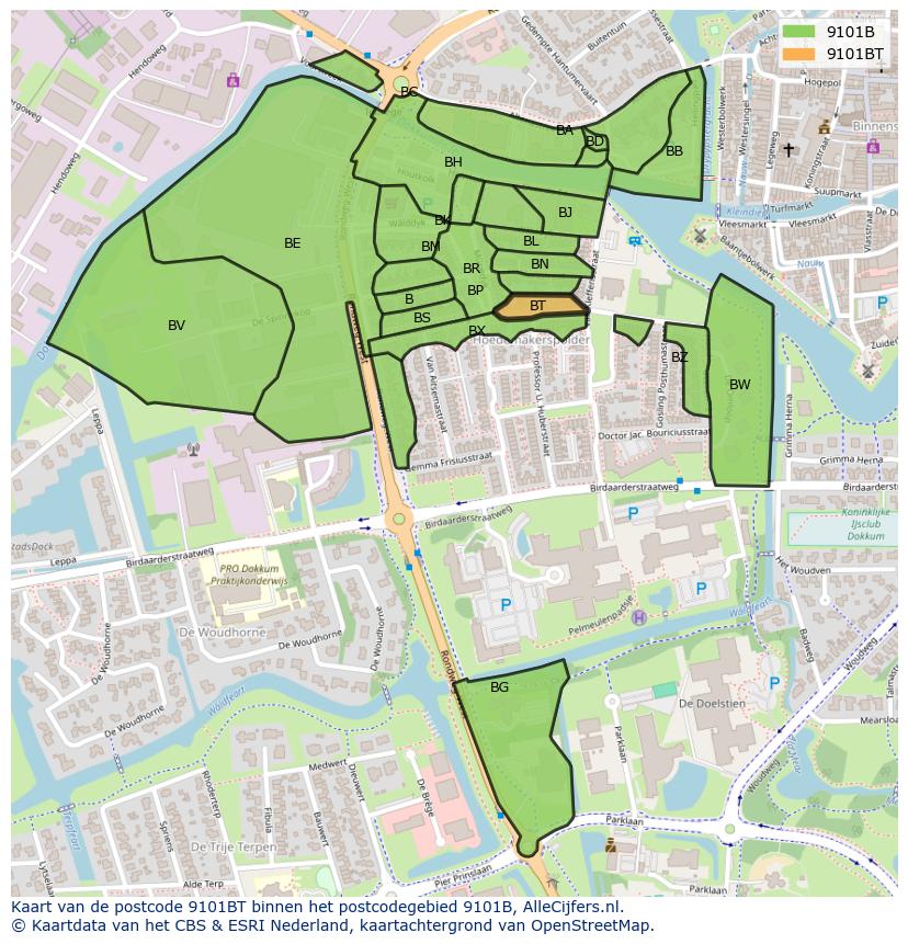 Afbeelding van het postcodegebied 9101 BT op de kaart.