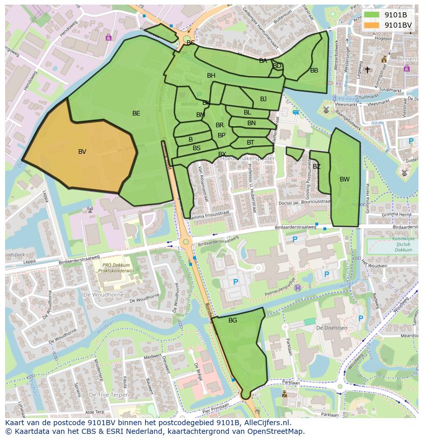 Afbeelding van het postcodegebied 9101 BV op de kaart.