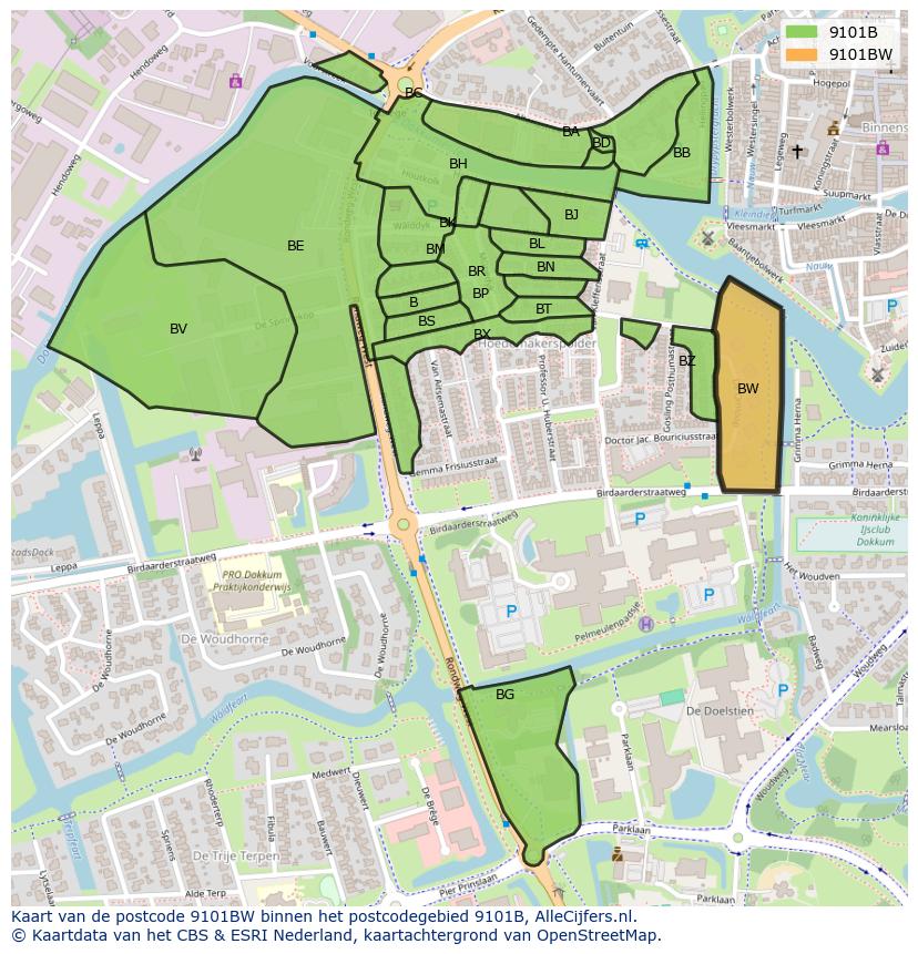 Afbeelding van het postcodegebied 9101 BW op de kaart.