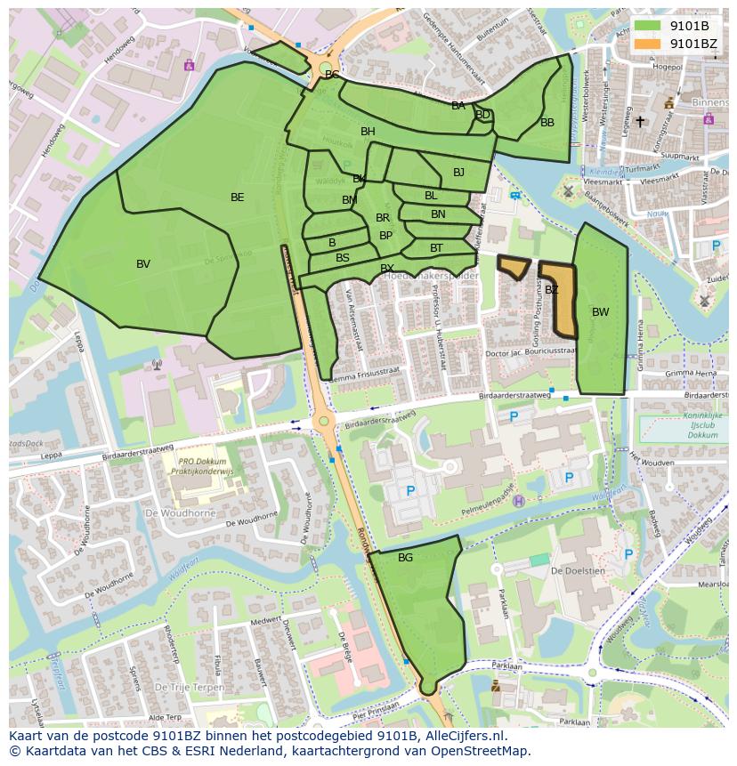 Afbeelding van het postcodegebied 9101 BZ op de kaart.