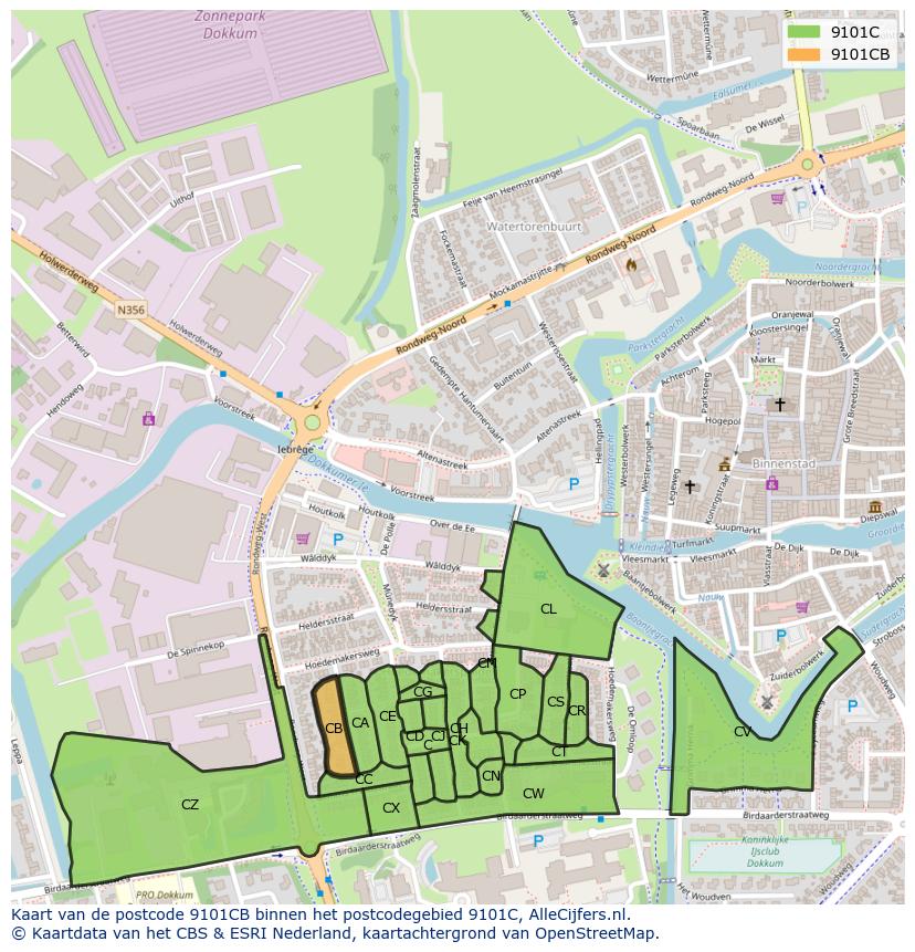 Afbeelding van het postcodegebied 9101 CB op de kaart.