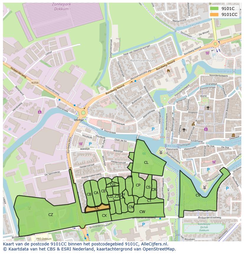 Afbeelding van het postcodegebied 9101 CC op de kaart.