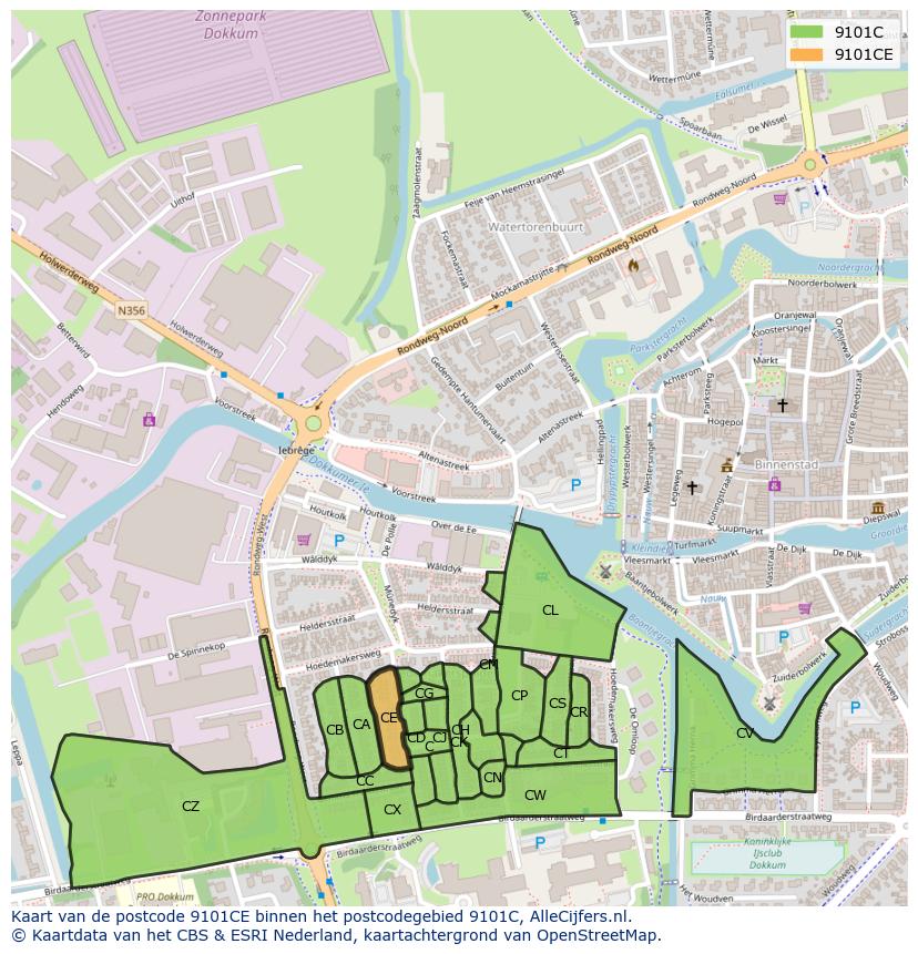 Afbeelding van het postcodegebied 9101 CE op de kaart.