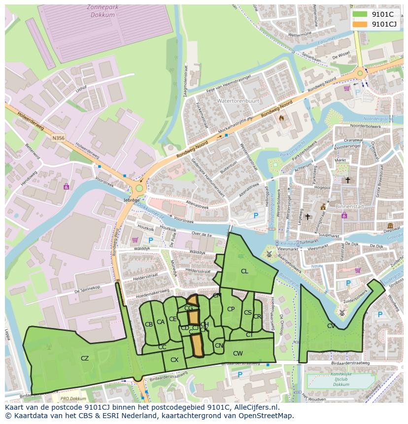 Afbeelding van het postcodegebied 9101 CJ op de kaart.