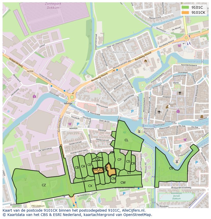 Afbeelding van het postcodegebied 9101 CK op de kaart.