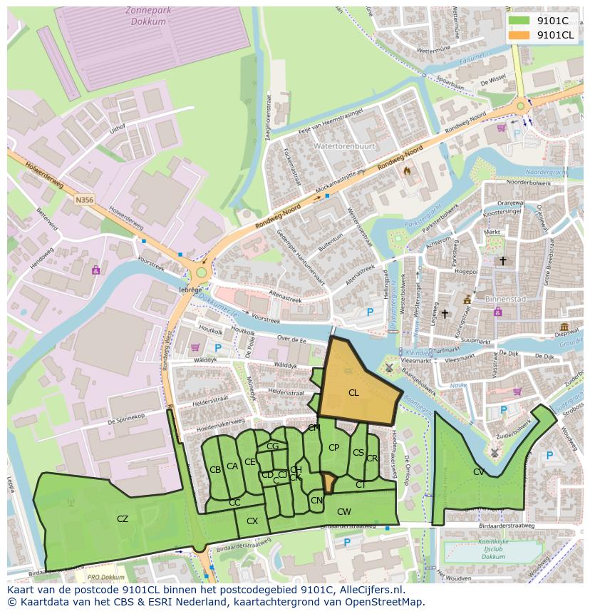 Afbeelding van het postcodegebied 9101 CL op de kaart.