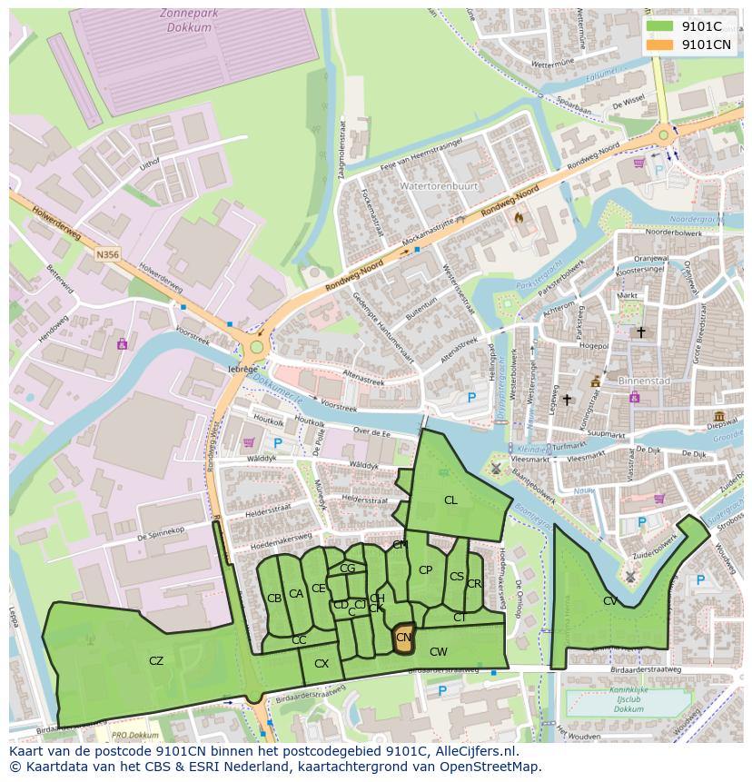 Afbeelding van het postcodegebied 9101 CN op de kaart.