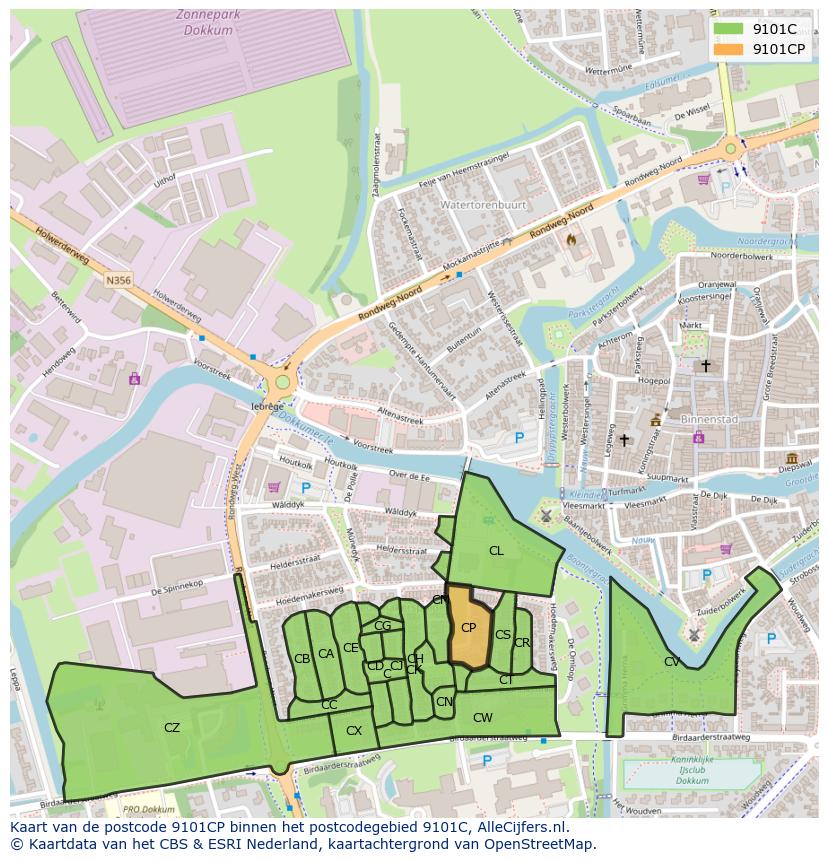 Afbeelding van het postcodegebied 9101 CP op de kaart.