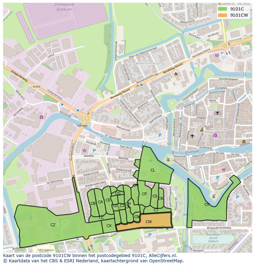 Afbeelding van het postcodegebied 9101 CW op de kaart.