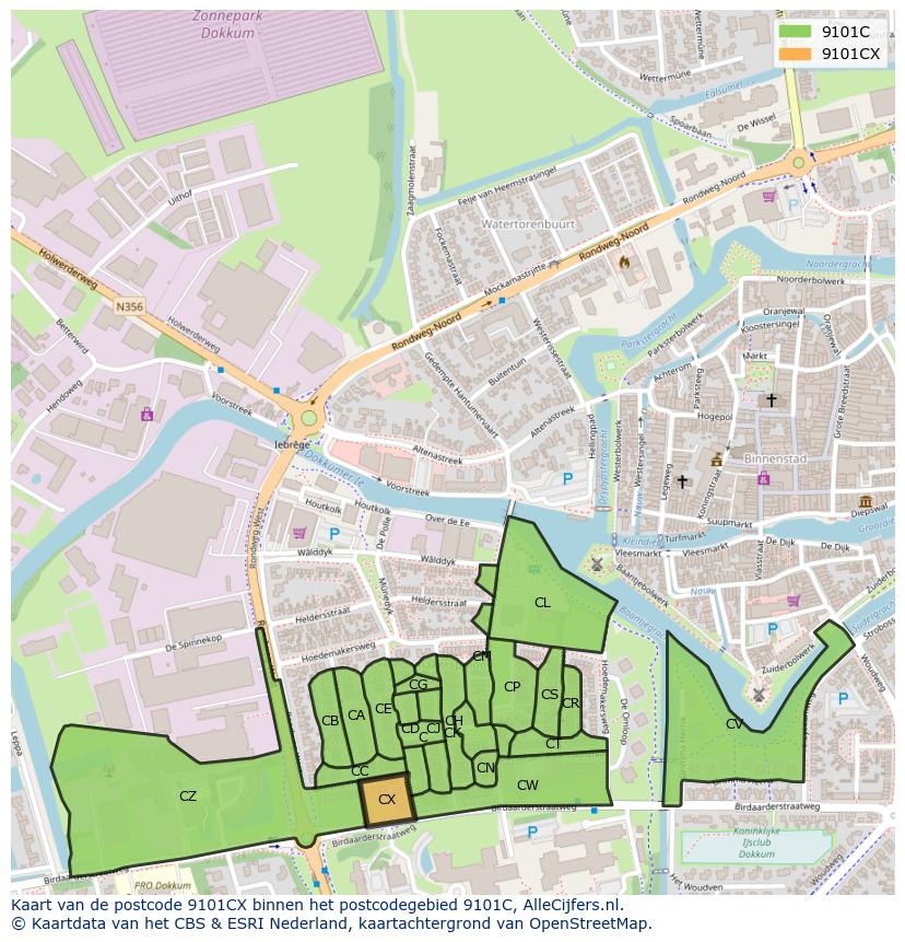 Afbeelding van het postcodegebied 9101 CX op de kaart.