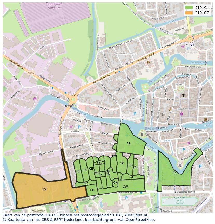 Afbeelding van het postcodegebied 9101 CZ op de kaart.