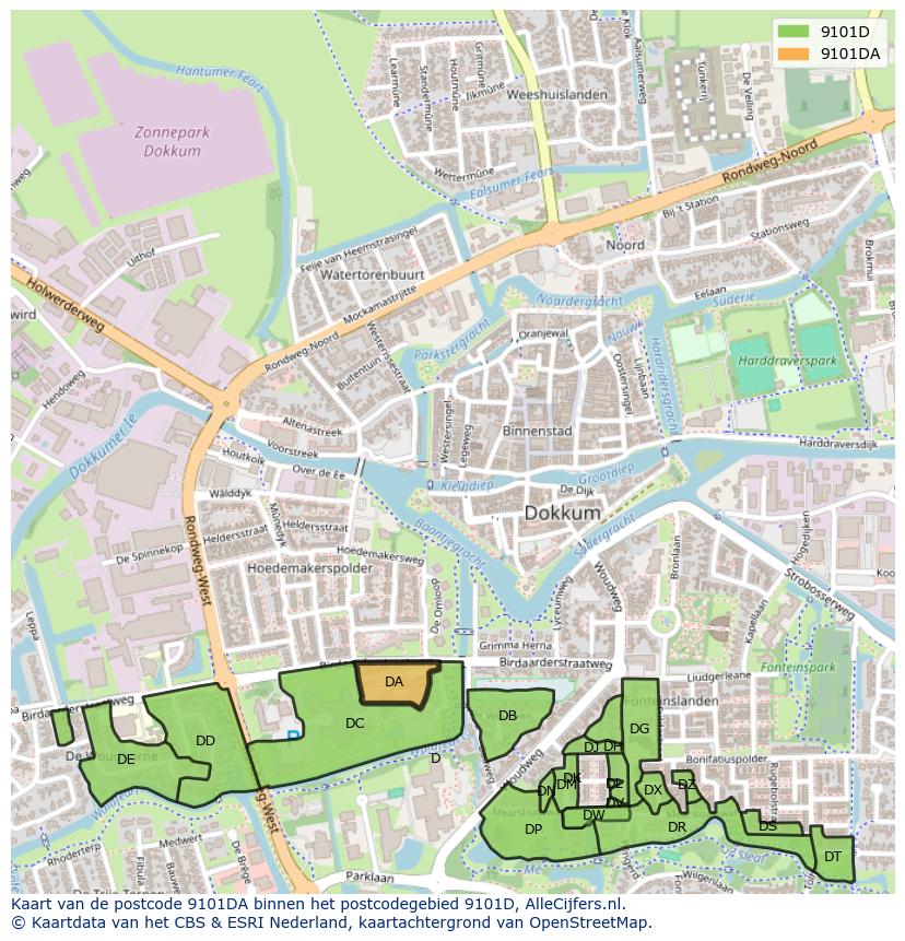 Afbeelding van het postcodegebied 9101 DA op de kaart.