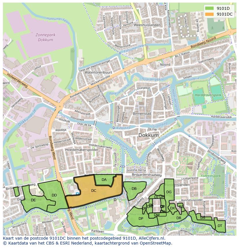 Afbeelding van het postcodegebied 9101 DC op de kaart.