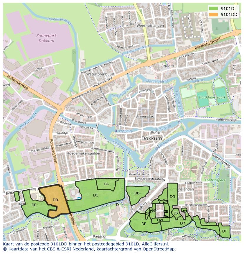 Afbeelding van het postcodegebied 9101 DD op de kaart.