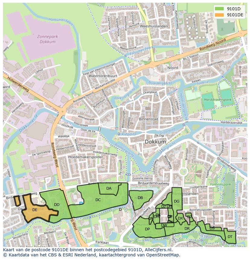Afbeelding van het postcodegebied 9101 DE op de kaart.