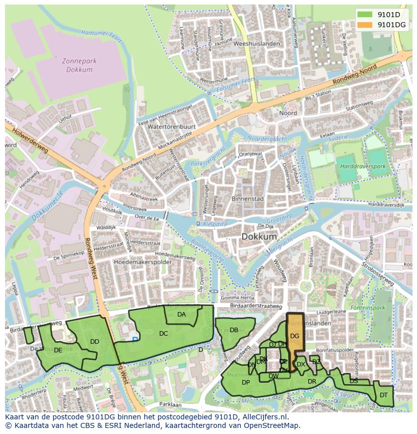 Afbeelding van het postcodegebied 9101 DG op de kaart.