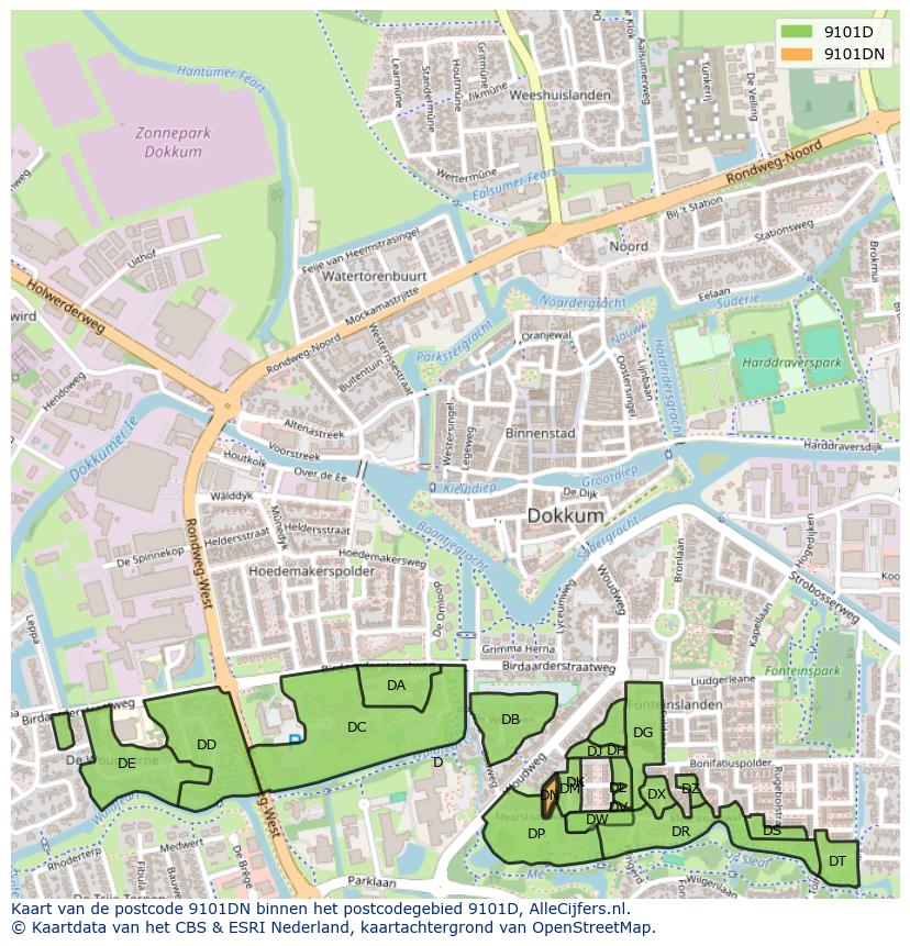 Afbeelding van het postcodegebied 9101 DN op de kaart.